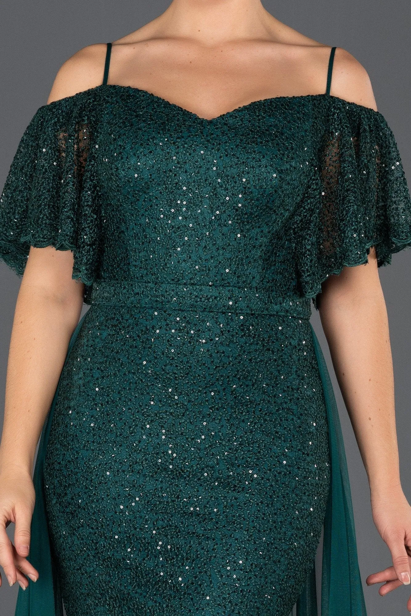 16021 Green Tulle Side Train Lace Dress