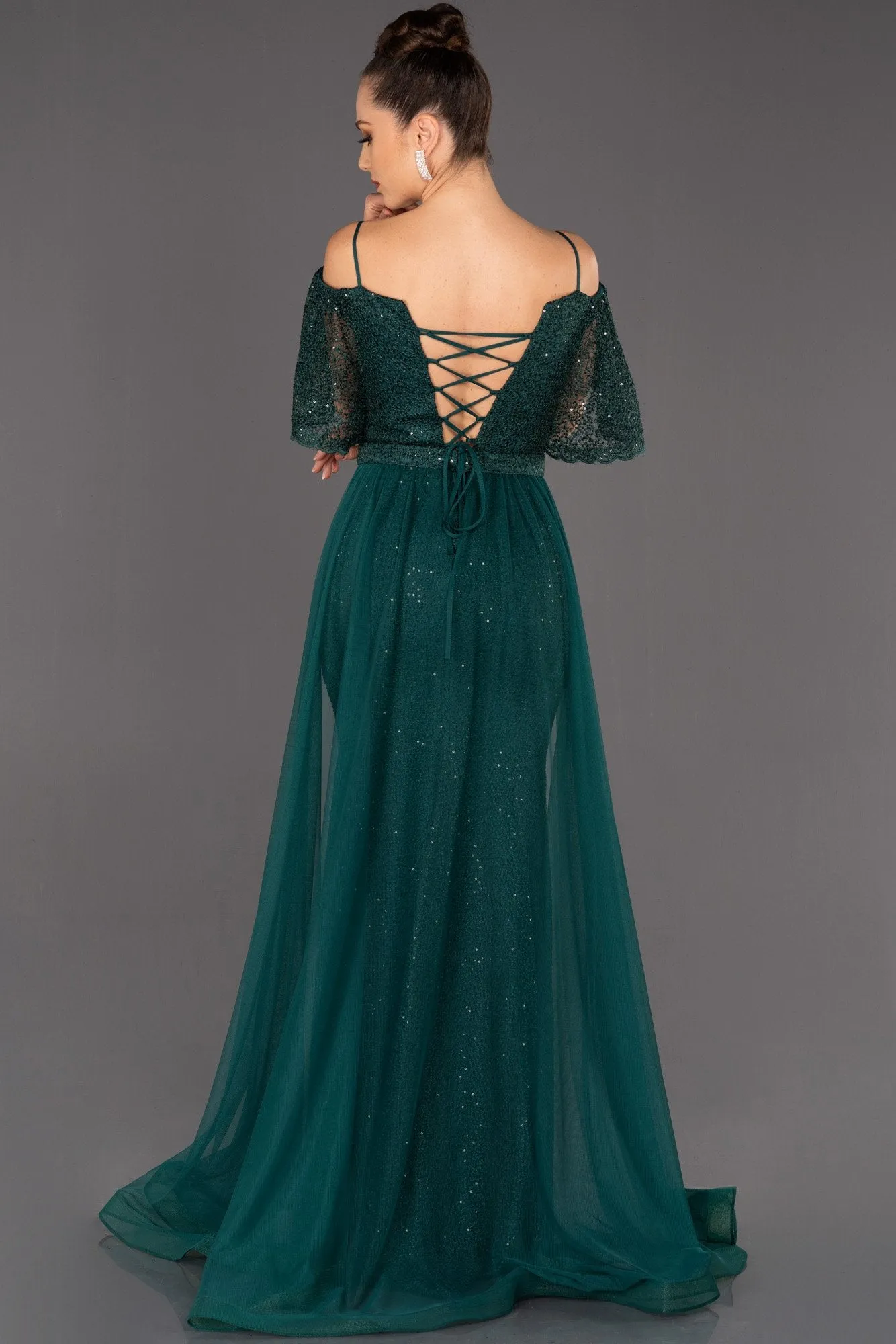 16021 Green Tulle Side Train Lace Dress