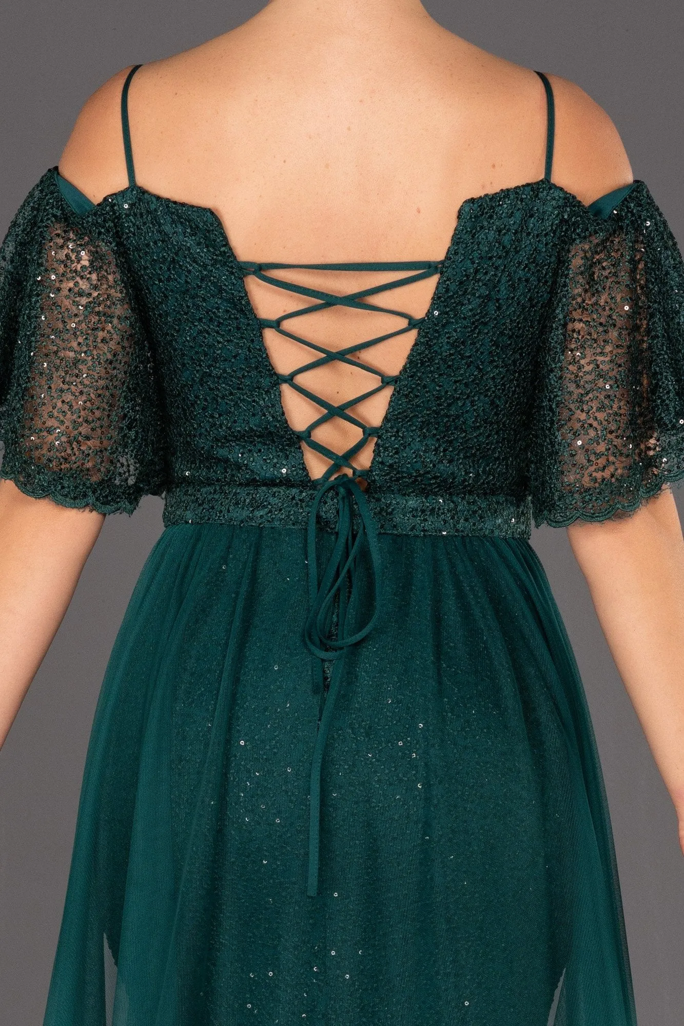 16021 Green Tulle Side Train Lace Dress