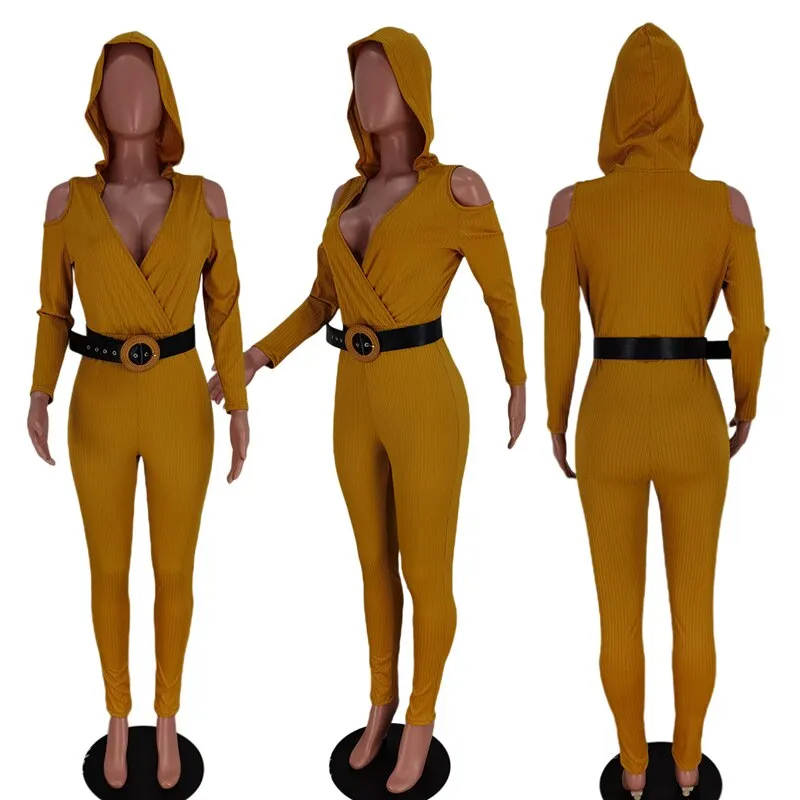 2022 Spring Sporty Fitness Long Jumpsuits Casual Workout Long Sleeve Bodycon Rompers Womens Stretchy Active Wear And Sashes