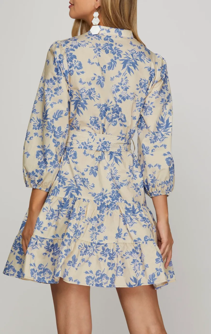 3/4 Sleeve Woven Floral Print V Neck Dress with Waist Tie and Pockets