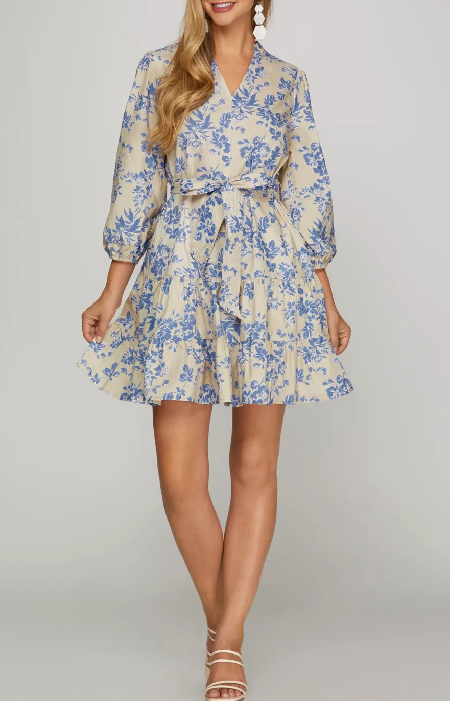 3/4 Sleeve Woven Floral Print V Neck Dress with Waist Tie and Pockets
