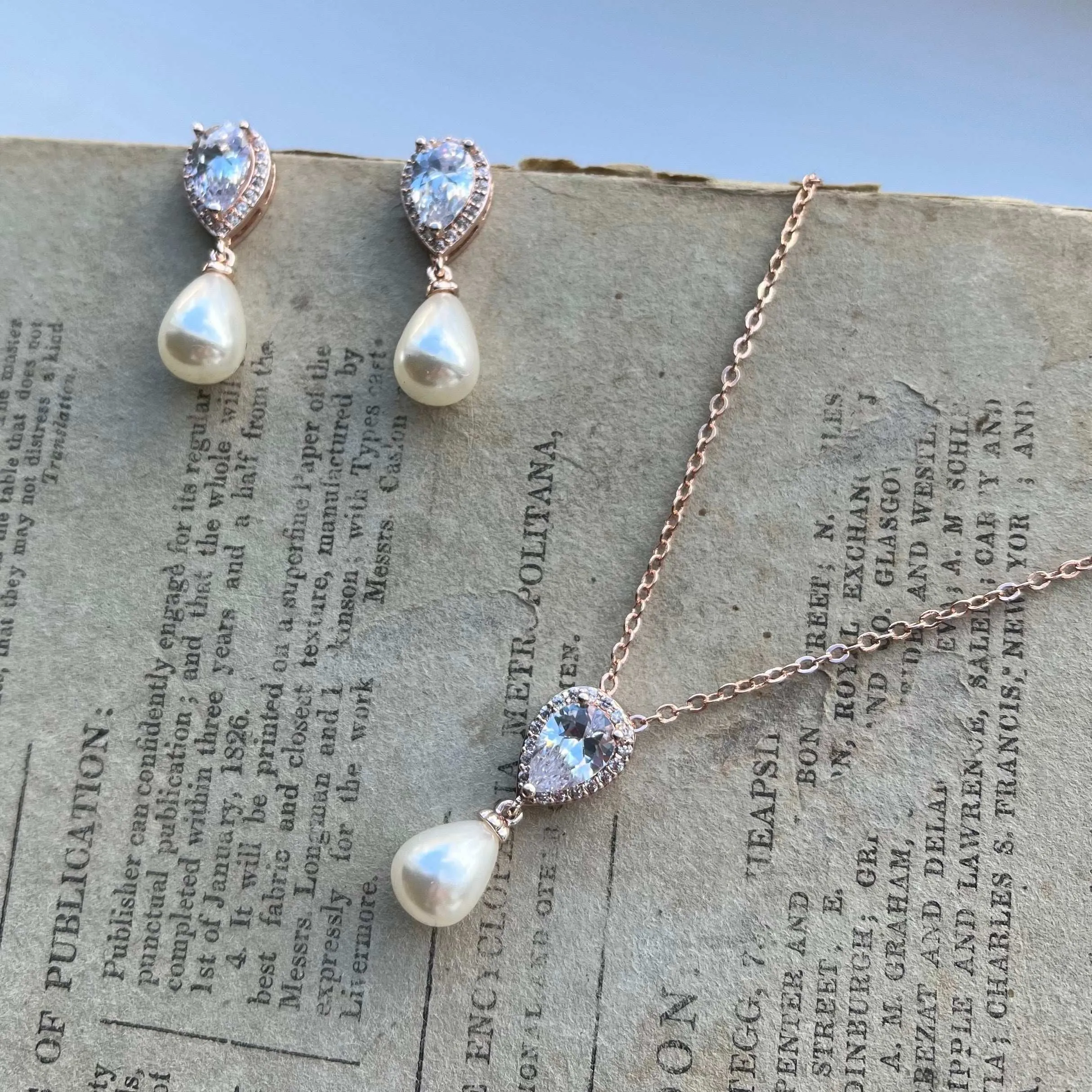 Alisha Jewellery Set, Rose Gold Crystal Teardrop Pearl Earrings with Pendant Necklace