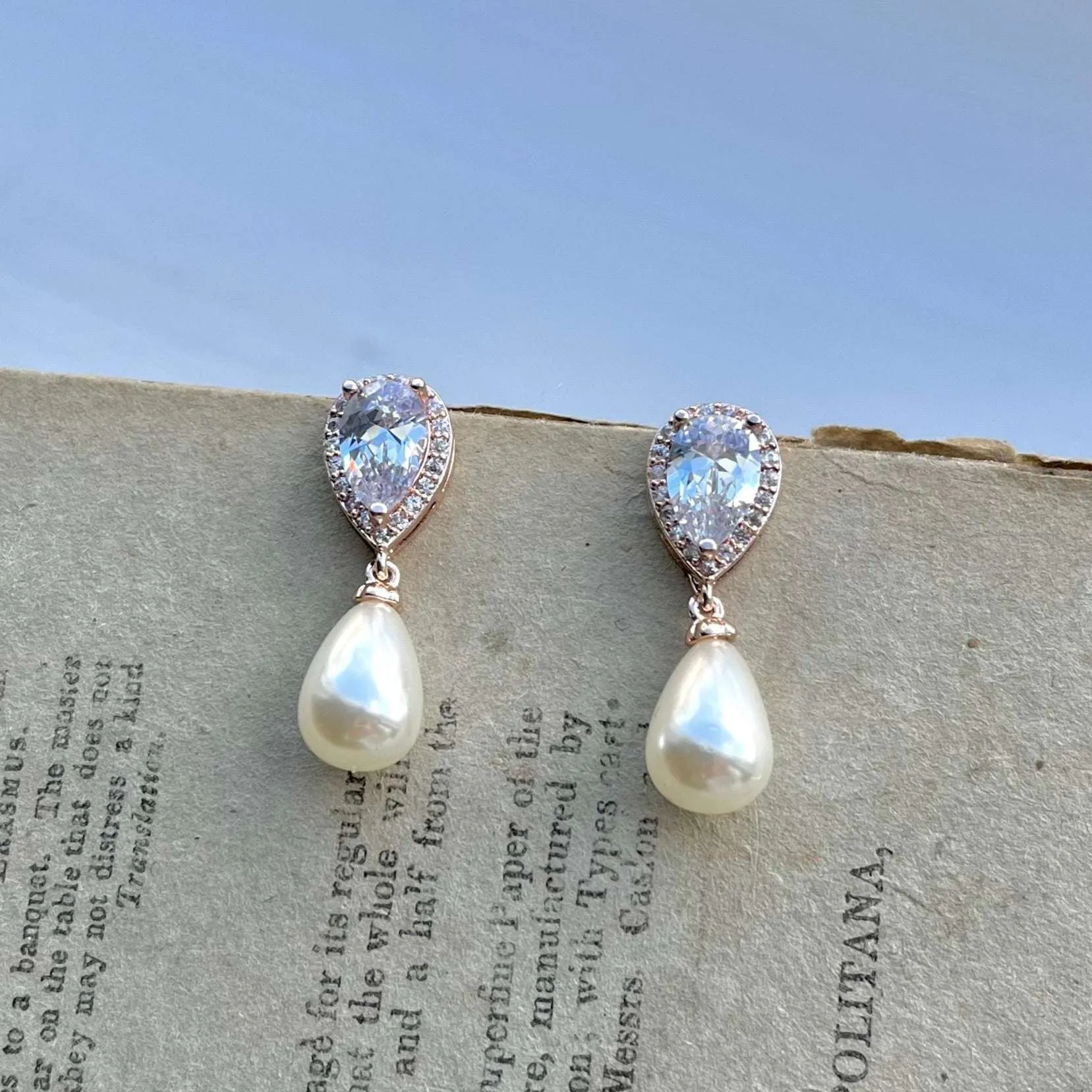 Alisha Jewellery Set, Rose Gold Crystal Teardrop Pearl Earrings with Pendant Necklace