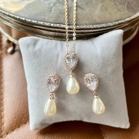 Alisha Jewellery Set, Rose Gold Crystal Teardrop Pearl Earrings with Pendant Necklace