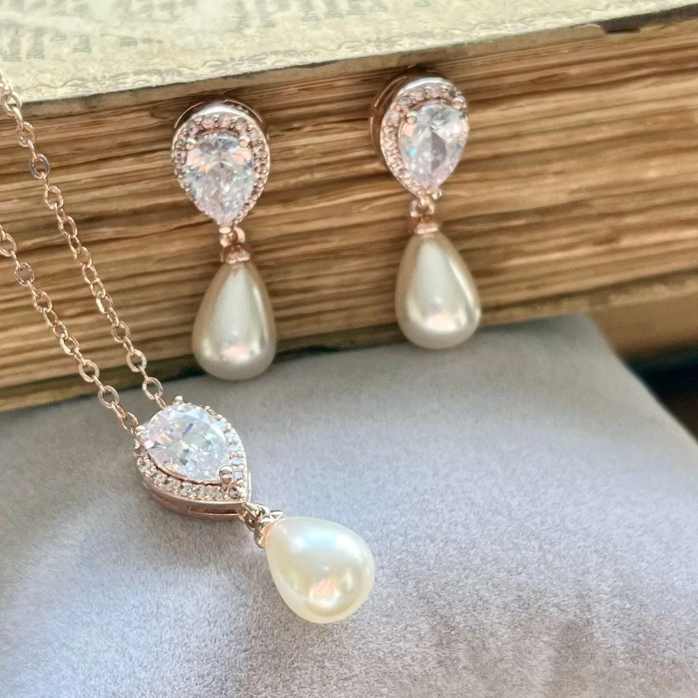Alisha Jewellery Set, Rose Gold Crystal Teardrop Pearl Earrings with Pendant Necklace