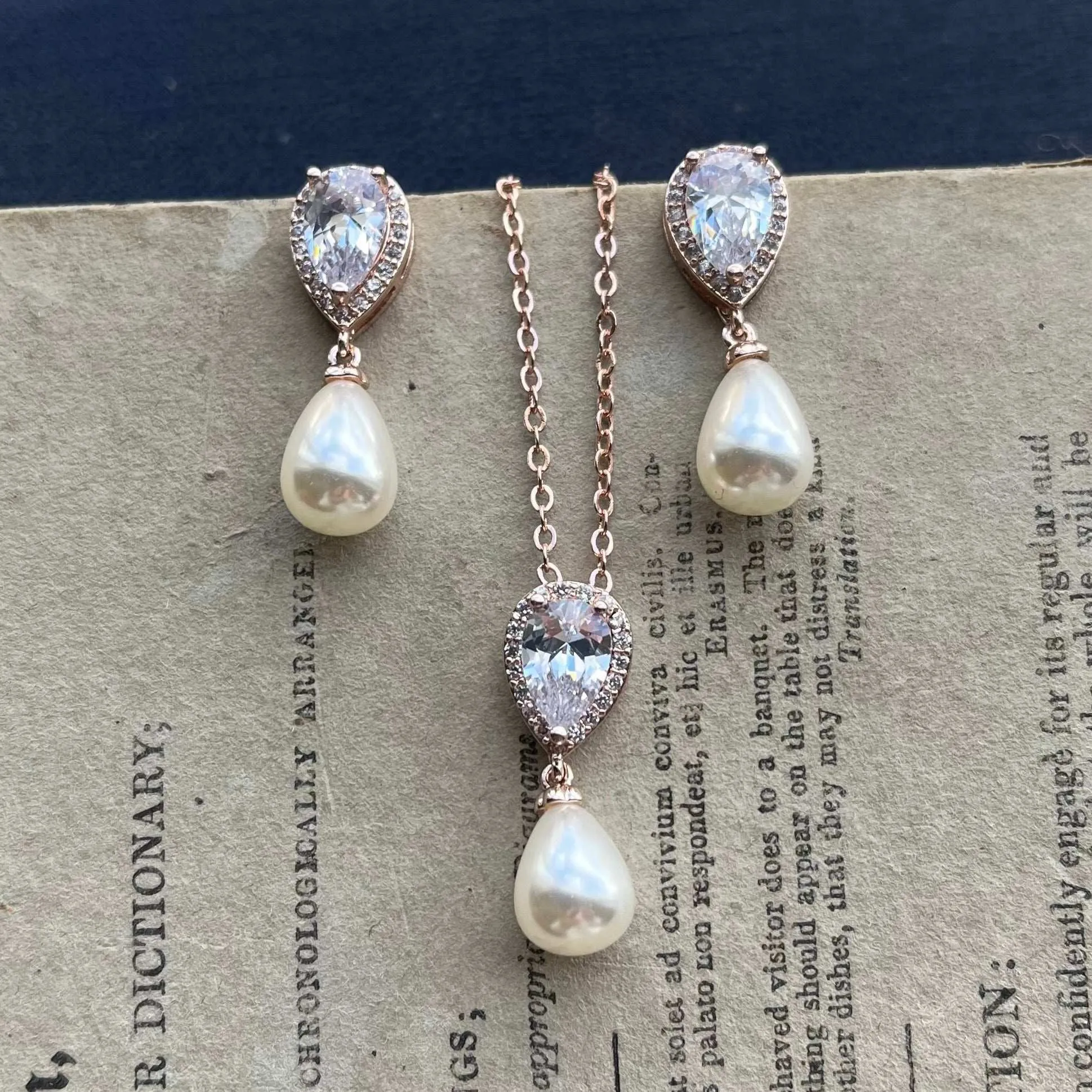 Alisha Jewellery Set, Rose Gold Crystal Teardrop Pearl Earrings with Pendant Necklace