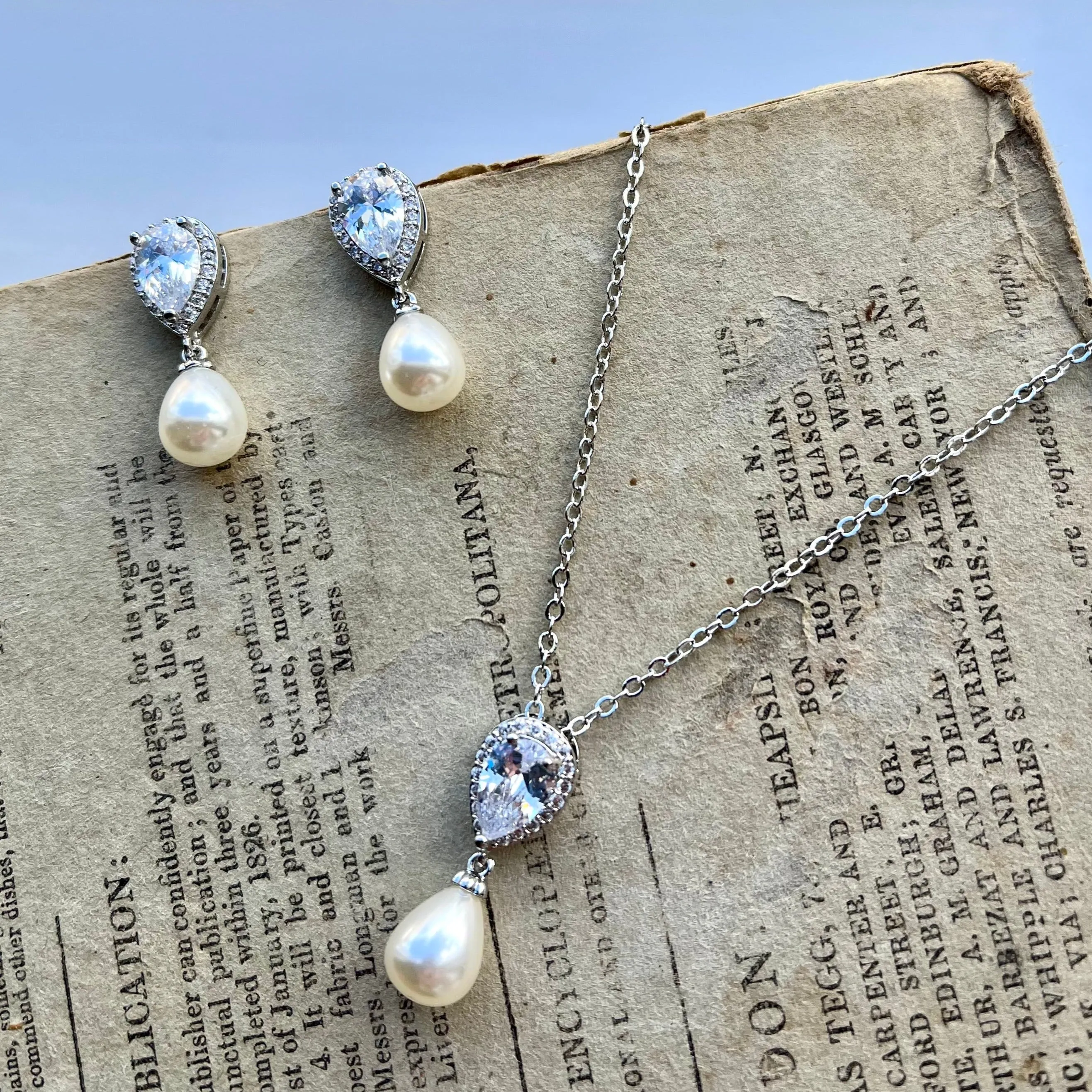 Alisha Jewellery Set, Silver Crystal Teardrop Pearl Earrings with Pendant Necklace
