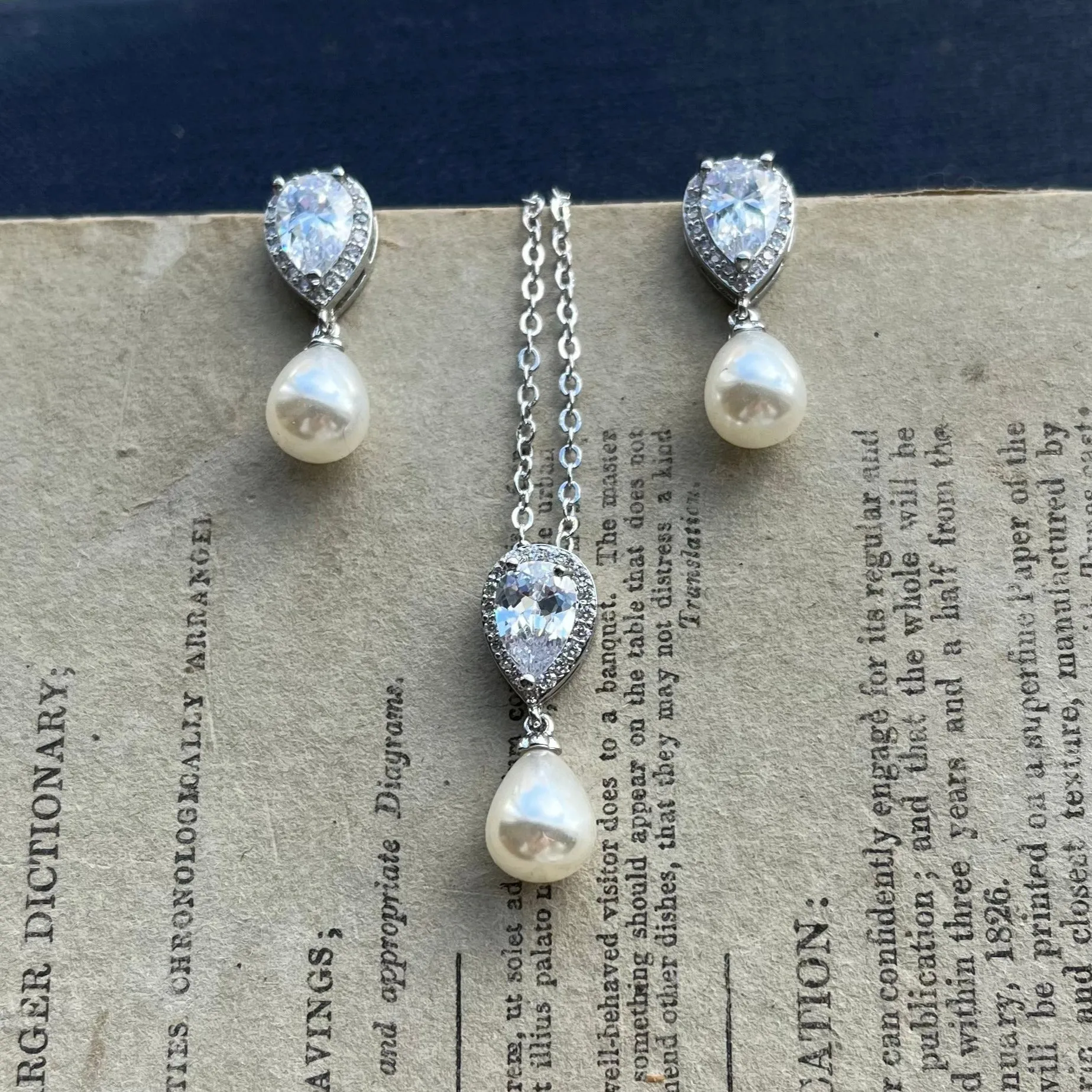 Alisha Jewellery Set, Silver Crystal Teardrop Pearl Earrings with Pendant Necklace
