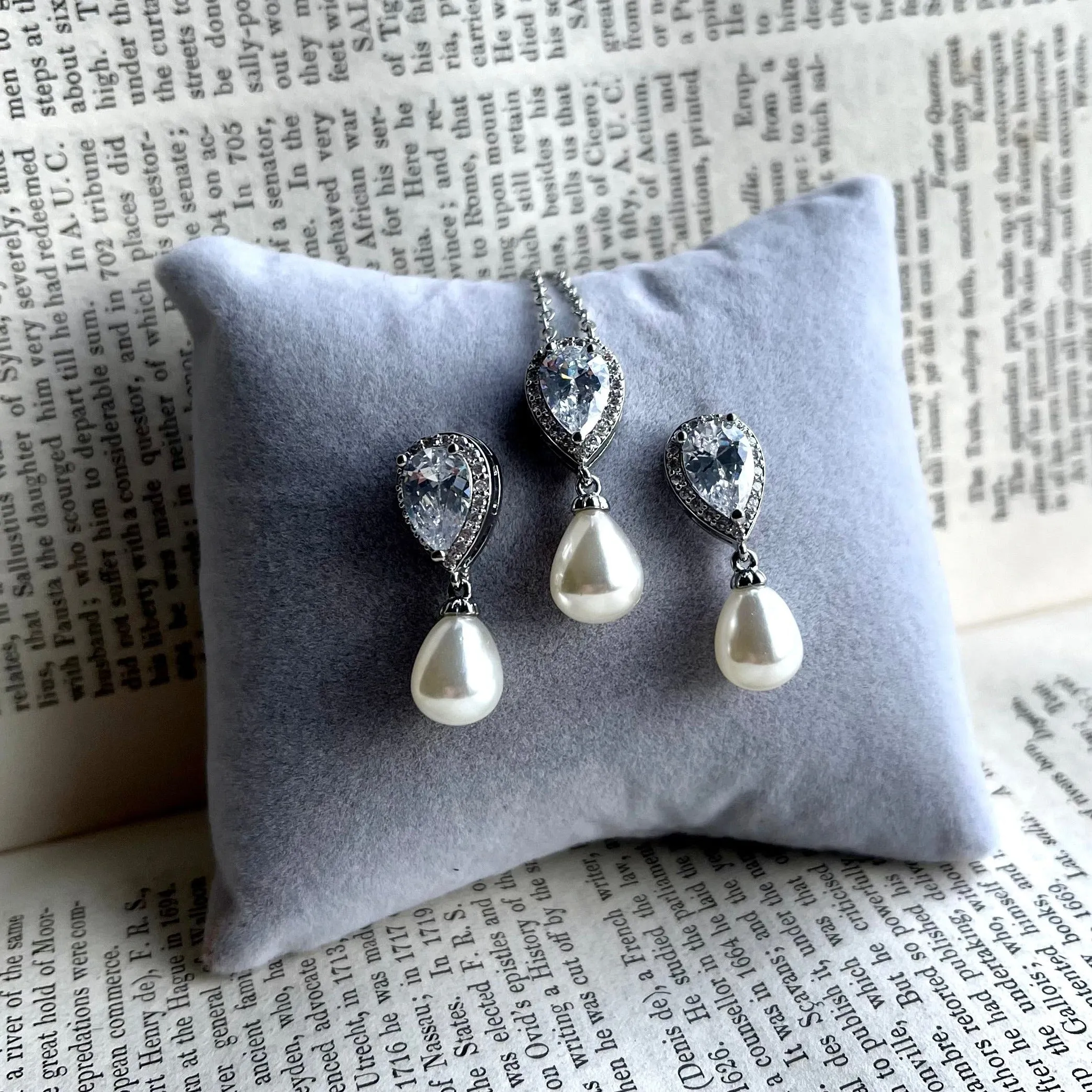 Alisha Jewellery Set, Silver Crystal Teardrop Pearl Earrings with Pendant Necklace