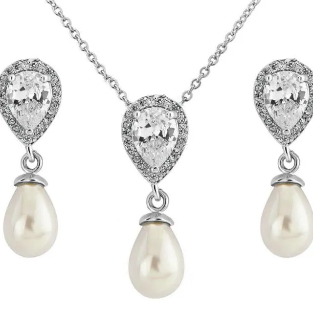 Alisha Jewellery Set, Silver Crystal Teardrop Pearl Earrings with Pendant Necklace