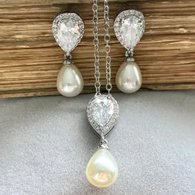 Alisha Jewellery Set, Silver Crystal Teardrop Pearl Earrings with Pendant Necklace