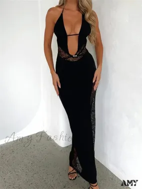 Amy Fashion - Women Summer Deep V-neck  Black Sleeveless Strap Backless Halter Off Shoulder Lace Floral Party