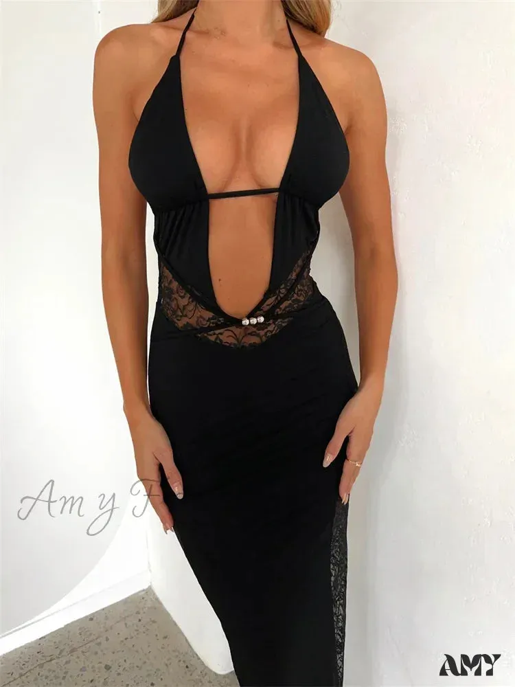 Amy Fashion - Women Summer Deep V-neck  Black Sleeveless Strap Backless Halter Off Shoulder Lace Floral Party
