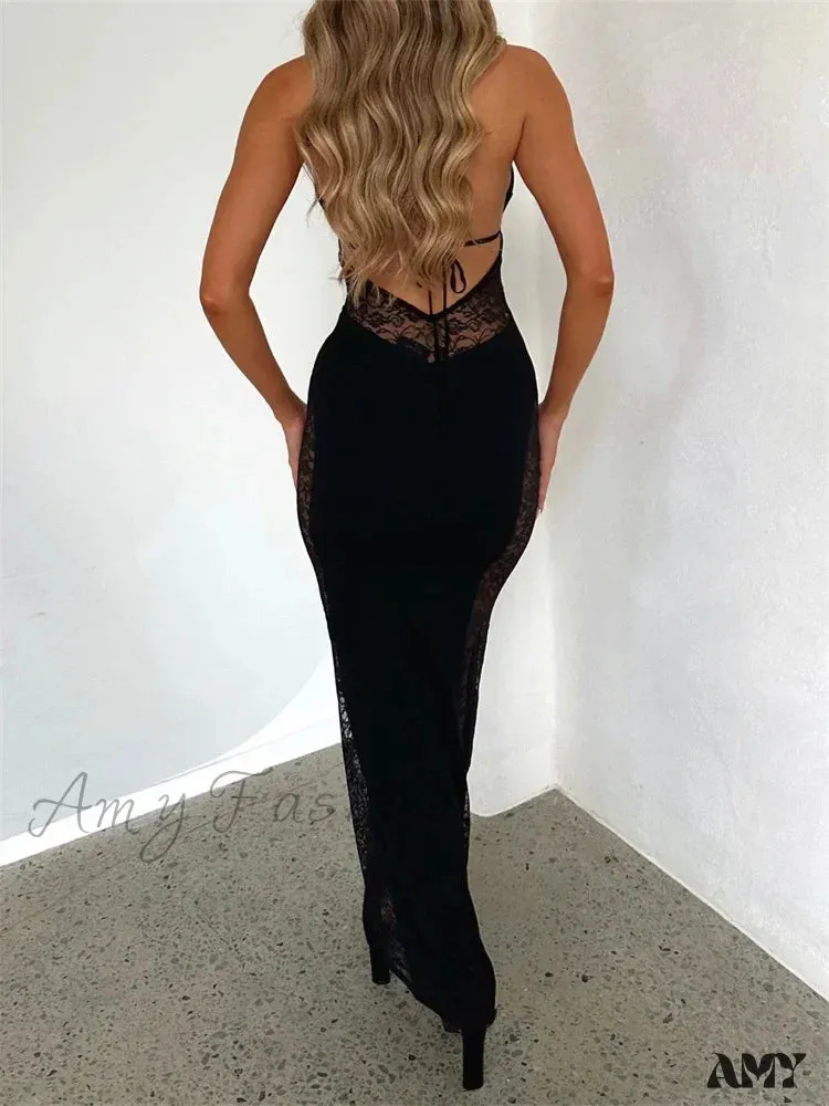 Amy Fashion - Women Summer Deep V-neck  Black Sleeveless Strap Backless Halter Off Shoulder Lace Floral Party