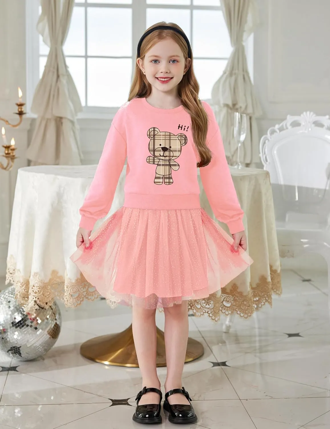 Arshiner Toddler Long Sleeve Dress Patchwork Tulle Tutu Girls Party Dresses