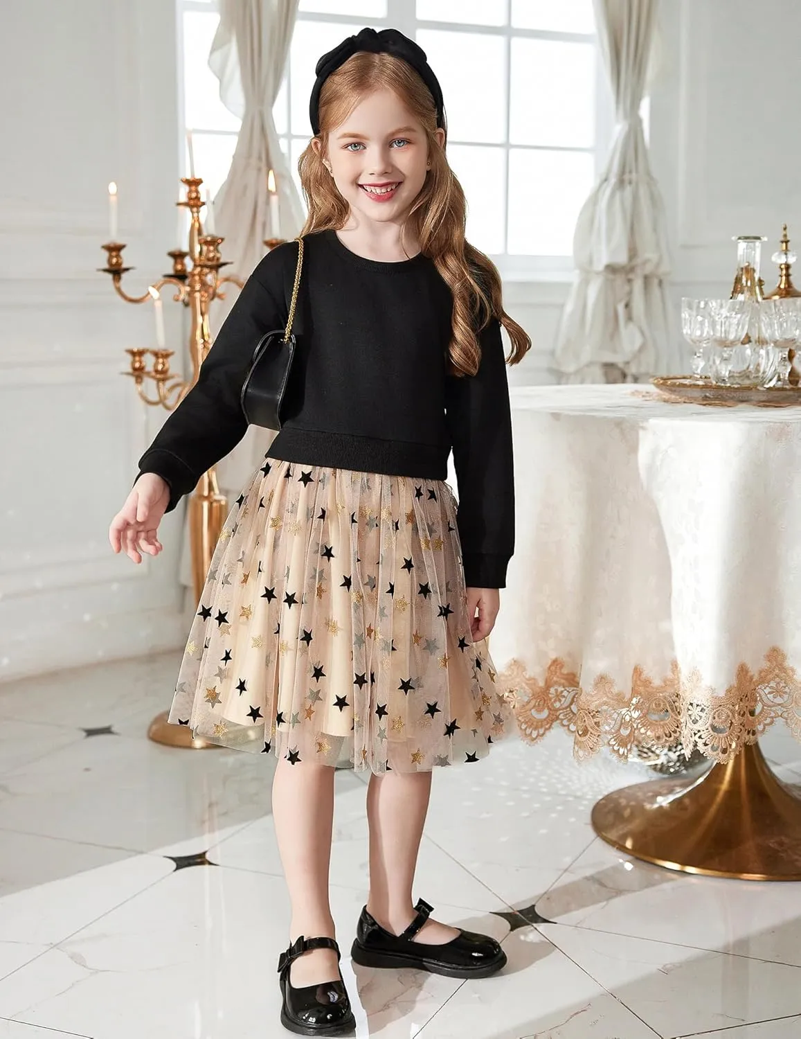 Arshiner Toddler Long Sleeve Dress Patchwork Tulle Tutu Girls Party Dresses