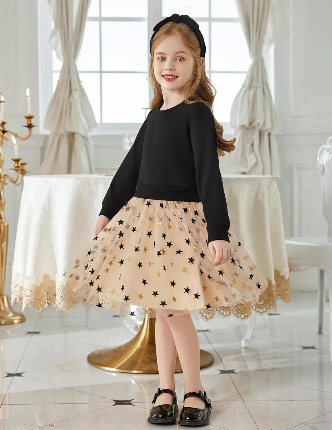 Arshiner Toddler Long Sleeve Dress Patchwork Tulle Tutu Girls Party Dresses