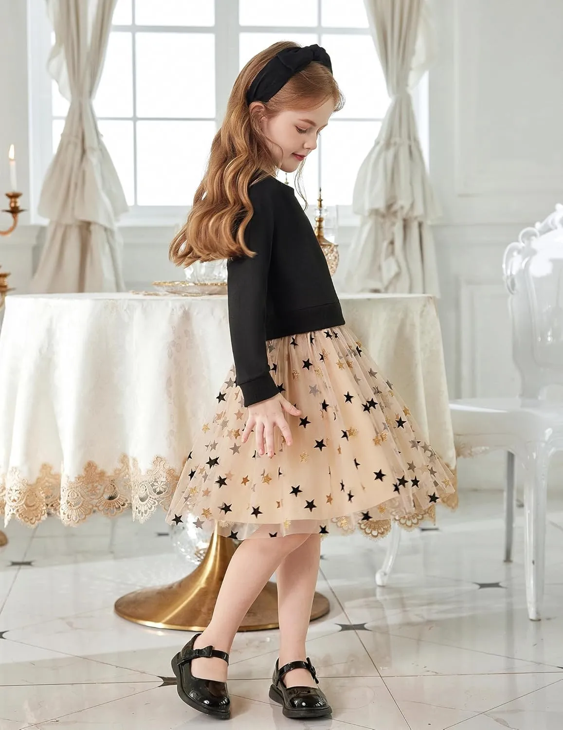 Arshiner Toddler Long Sleeve Dress Patchwork Tulle Tutu Girls Party Dresses