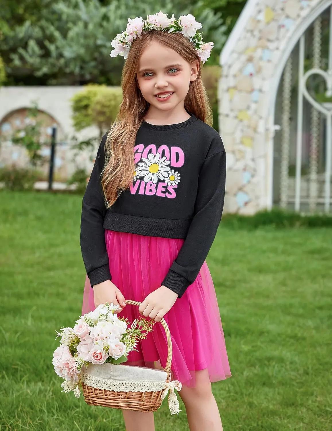 Arshiner Toddler Long Sleeve Dress Patchwork Tulle Tutu Girls Party Dresses