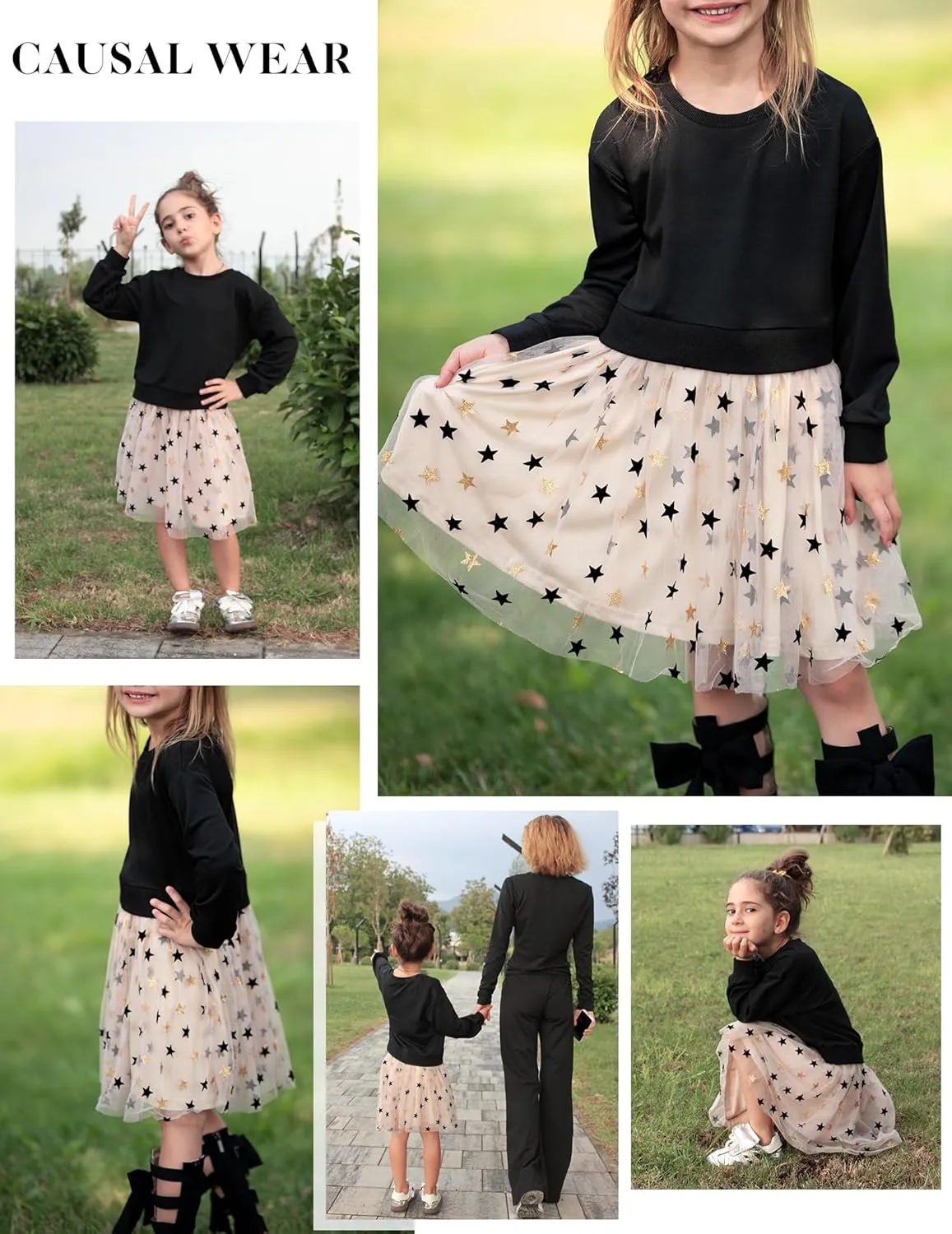 Arshiner Toddler Long Sleeve Dress Patchwork Tulle Tutu Girls Party Dresses