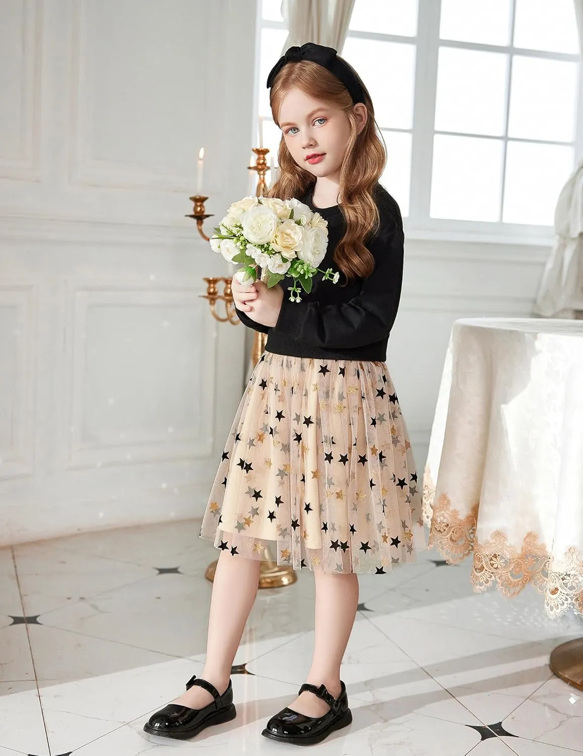Arshiner Toddler Long Sleeve Dress Patchwork Tulle Tutu Girls Party Dresses