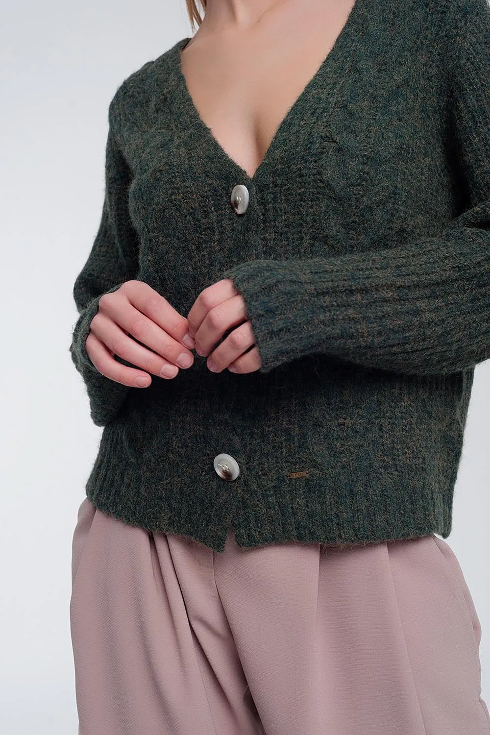 Chunky knit cardigan in khaki