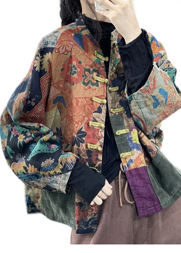 Classy Colorblock Oversized Patchwork Print Fine Cotton Filled Jacket Batwing Sleeve