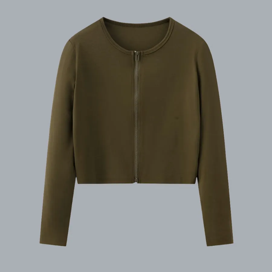 Cotton Solid Full Front Zipper Women Cardigan