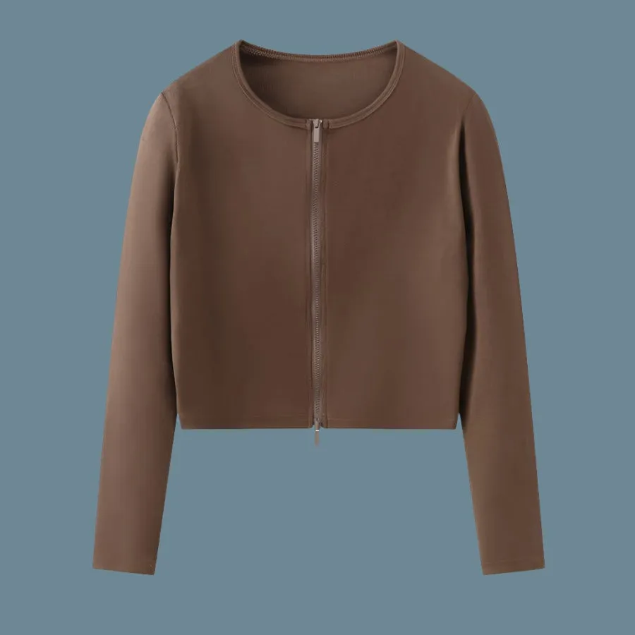 Cotton Solid Full Front Zipper Women Cardigan