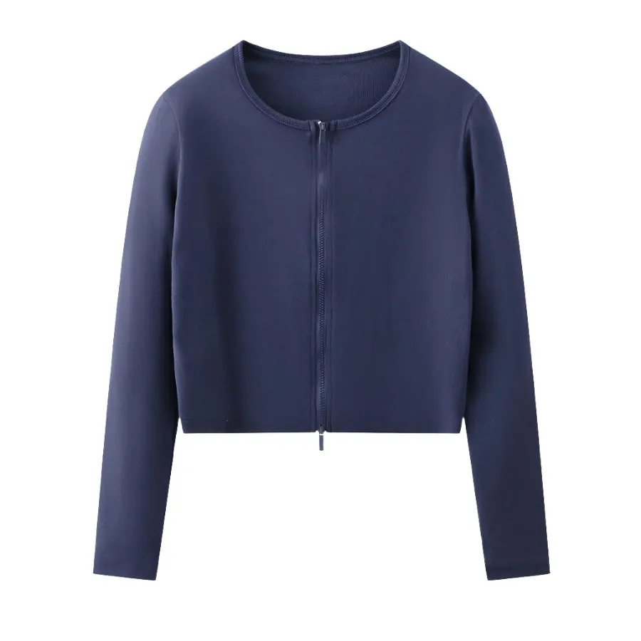 Cotton Solid Full Front Zipper Women Cardigan