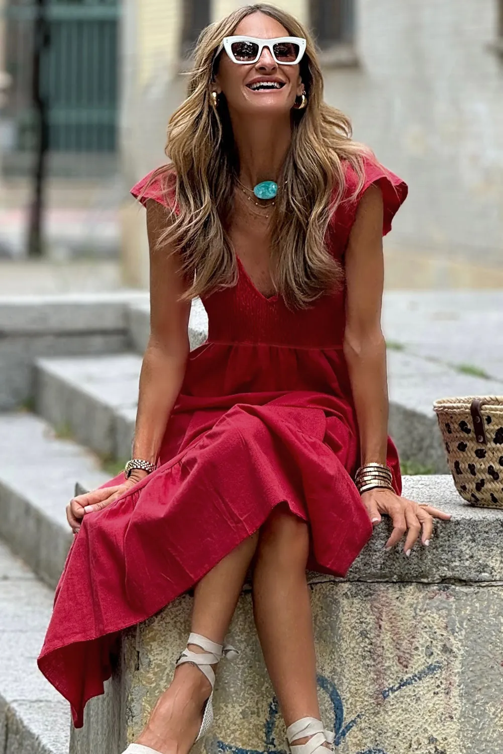 Fiery Red V Neck Flutter Sleeve Smocked Bodice High Waist Ruffle Maxi Dress