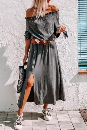 Gray Shirred Off Shoulder Maxi Dress with Split