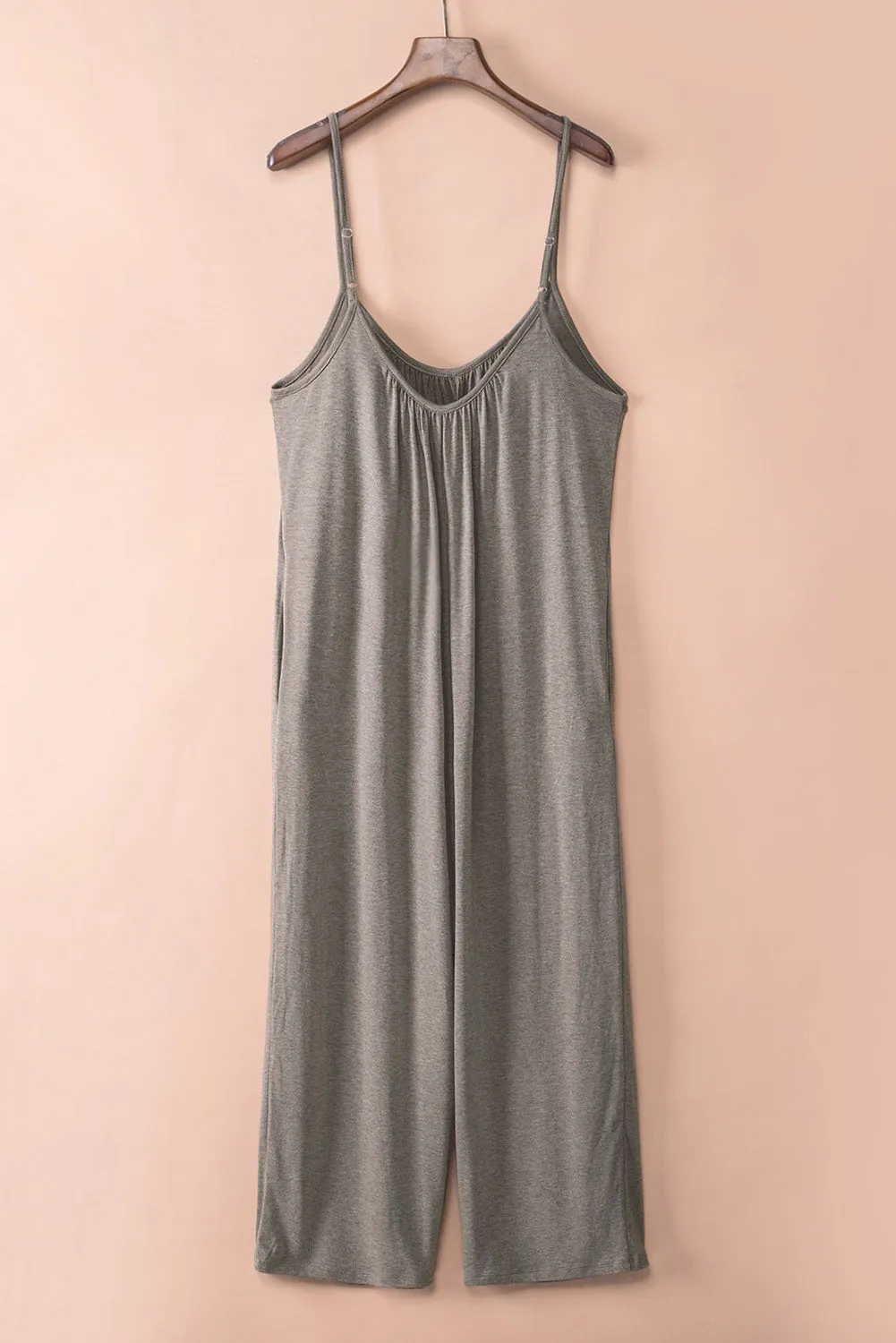 Gray Spaghetti Straps Wide Leg Pocketed Jumpsuits