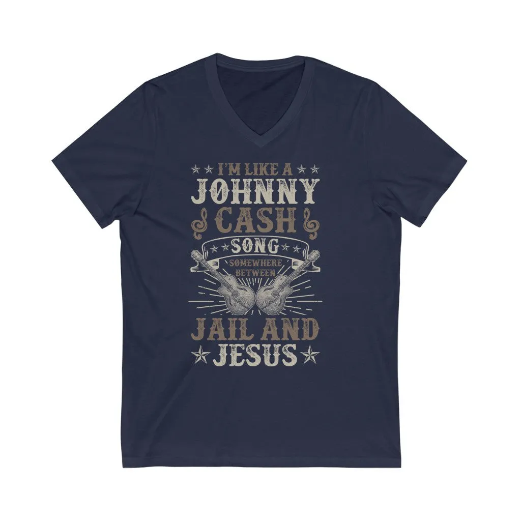 Jesus & Jail Johnny Cash Song Guitar Shirt | Country Western Graphic Tees | Unisex Jersey V-neck T-shirt