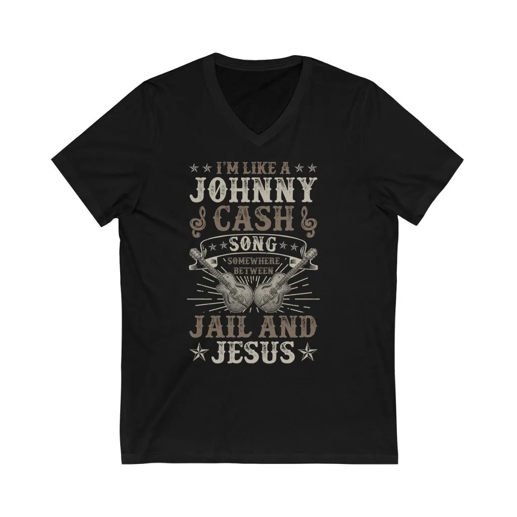 Jesus & Jail Johnny Cash Song Guitar Shirt | Country Western Graphic Tees | Unisex Jersey V-neck T-shirt
