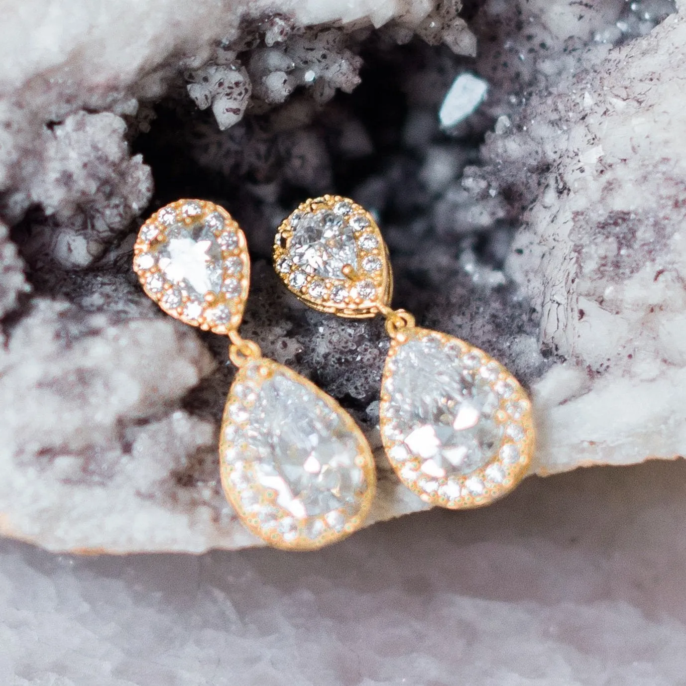 Jodie Jewellery Set, Gold Teardrop Crystal Earrings with Pendant Necklace