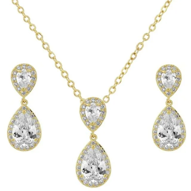 Jodie Jewellery Set, Gold Teardrop Crystal Earrings with Pendant Necklace