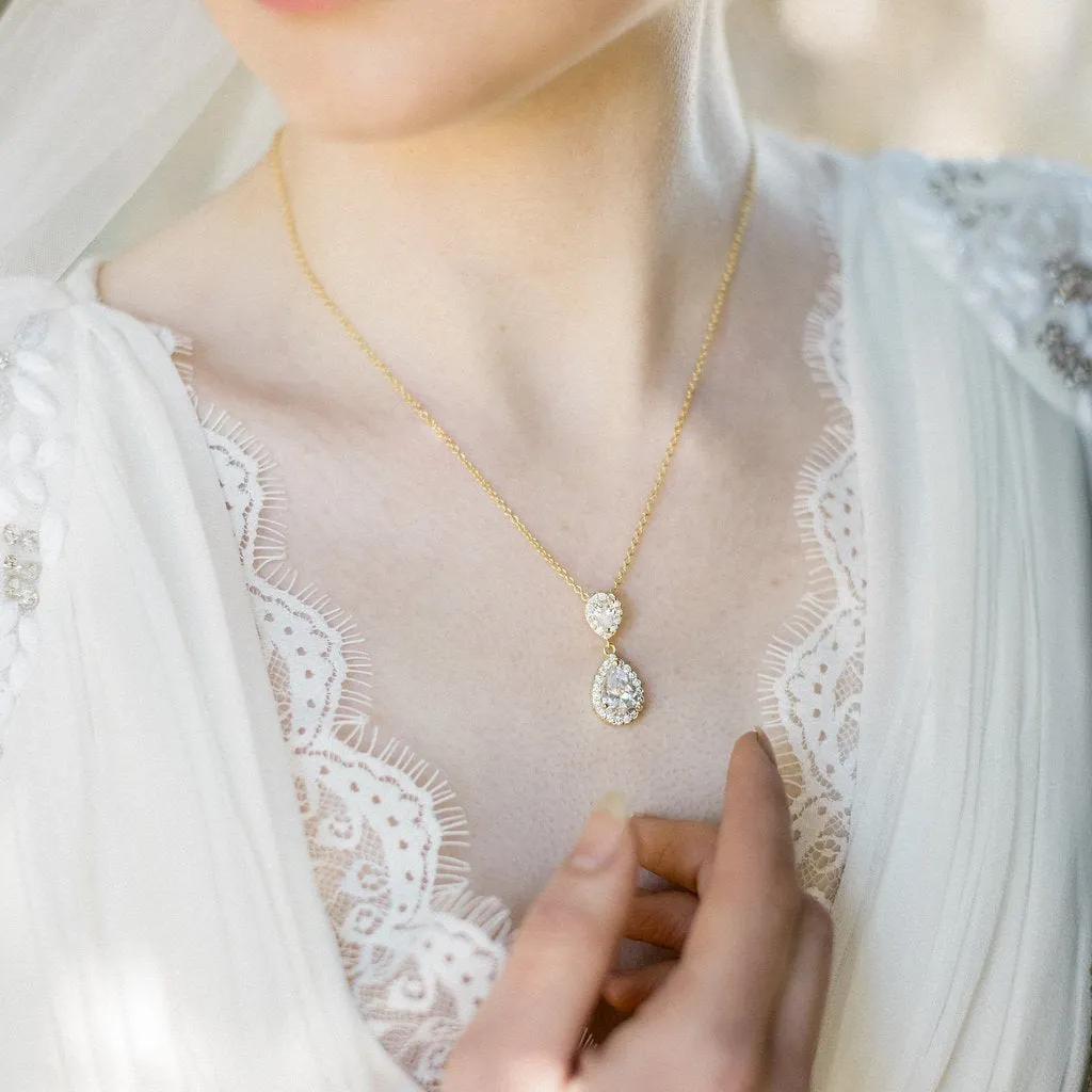 Jodie Jewellery Set, Gold Teardrop Crystal Earrings with Pendant Necklace