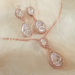 Jodie Jewellery Set, Rose Gold Teardrop Crystal Earrings with Pendant Necklace