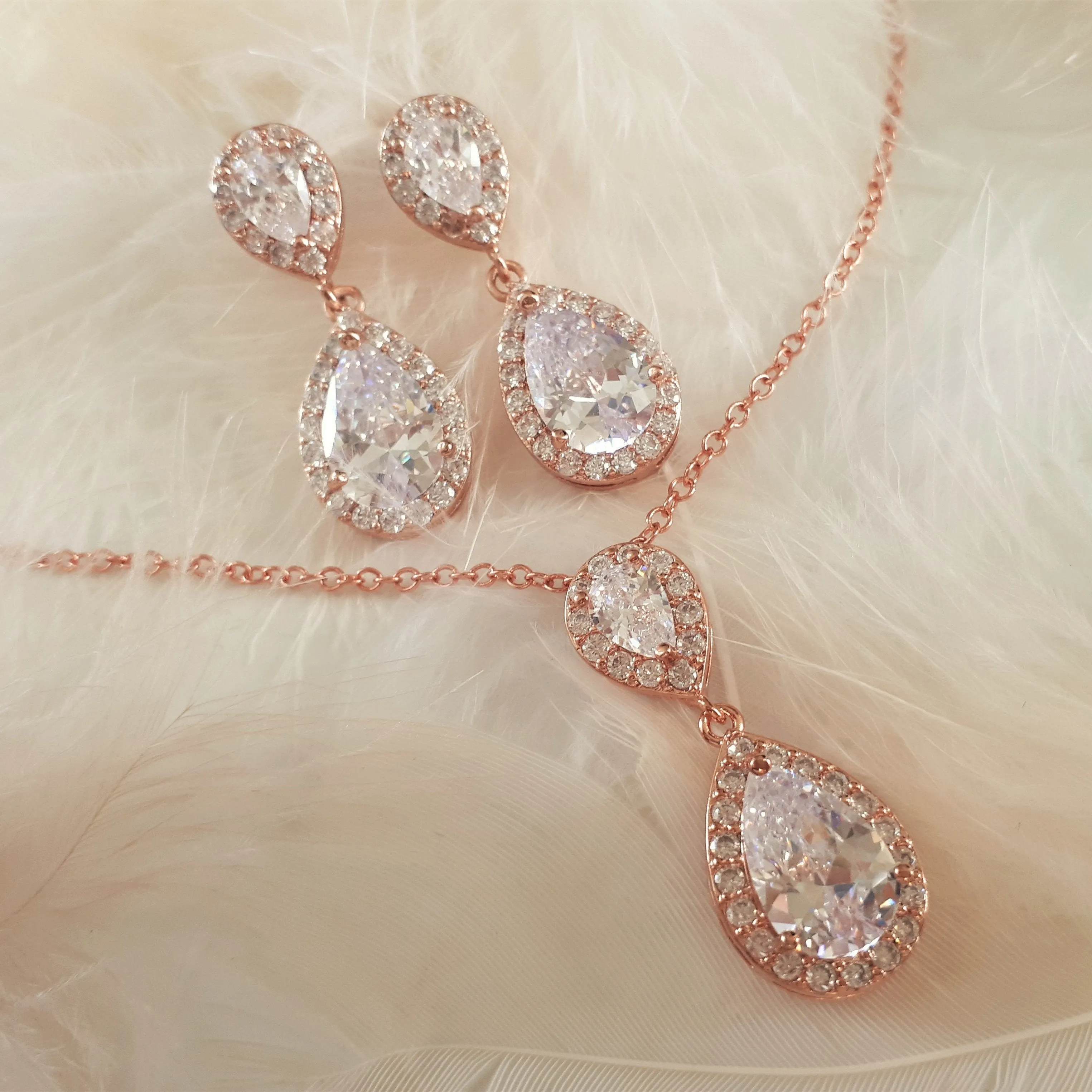 Jodie Jewellery Set, Rose Gold Teardrop Crystal Earrings with Pendant Necklace