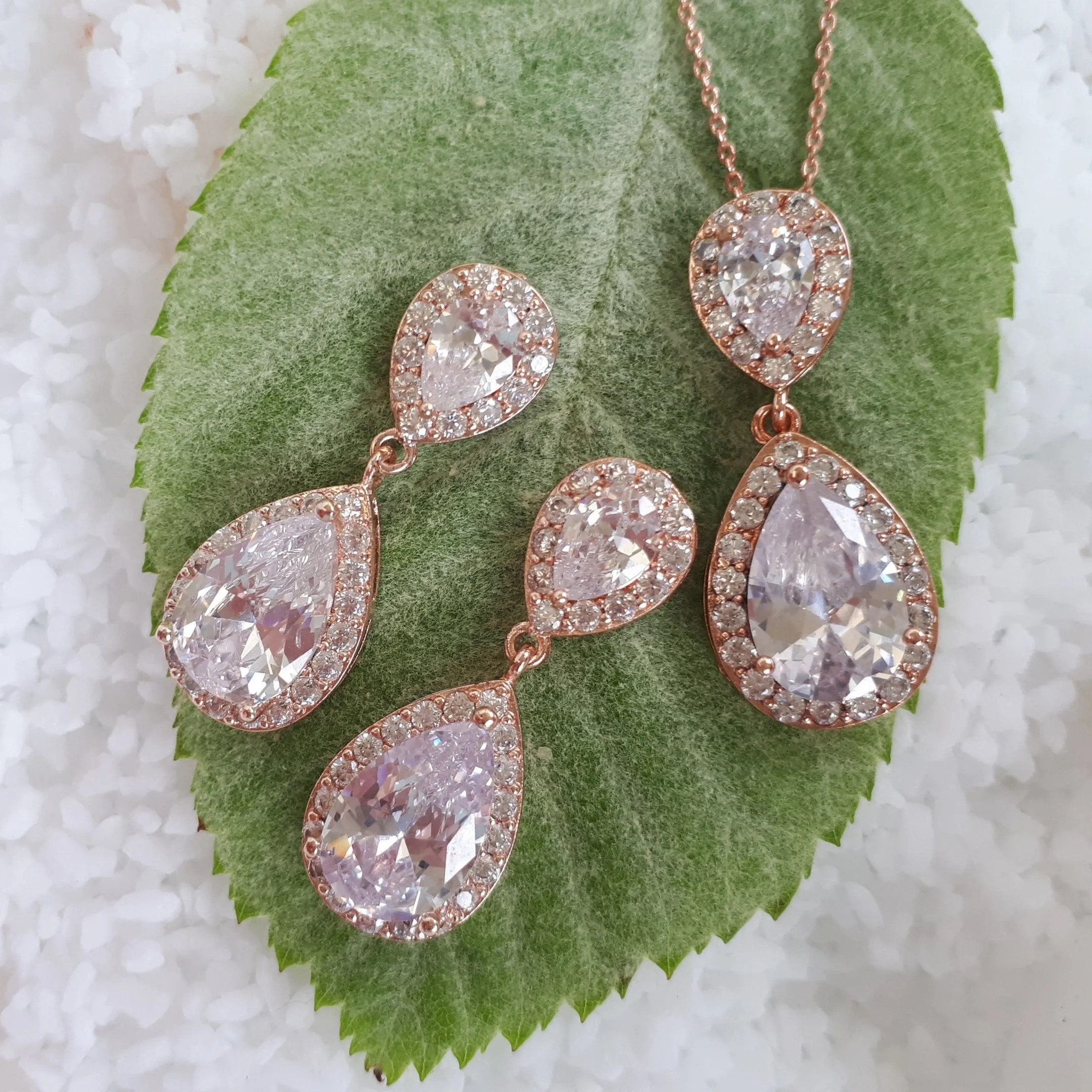 Jodie Jewellery Set, Rose Gold Teardrop Crystal Earrings with Pendant Necklace