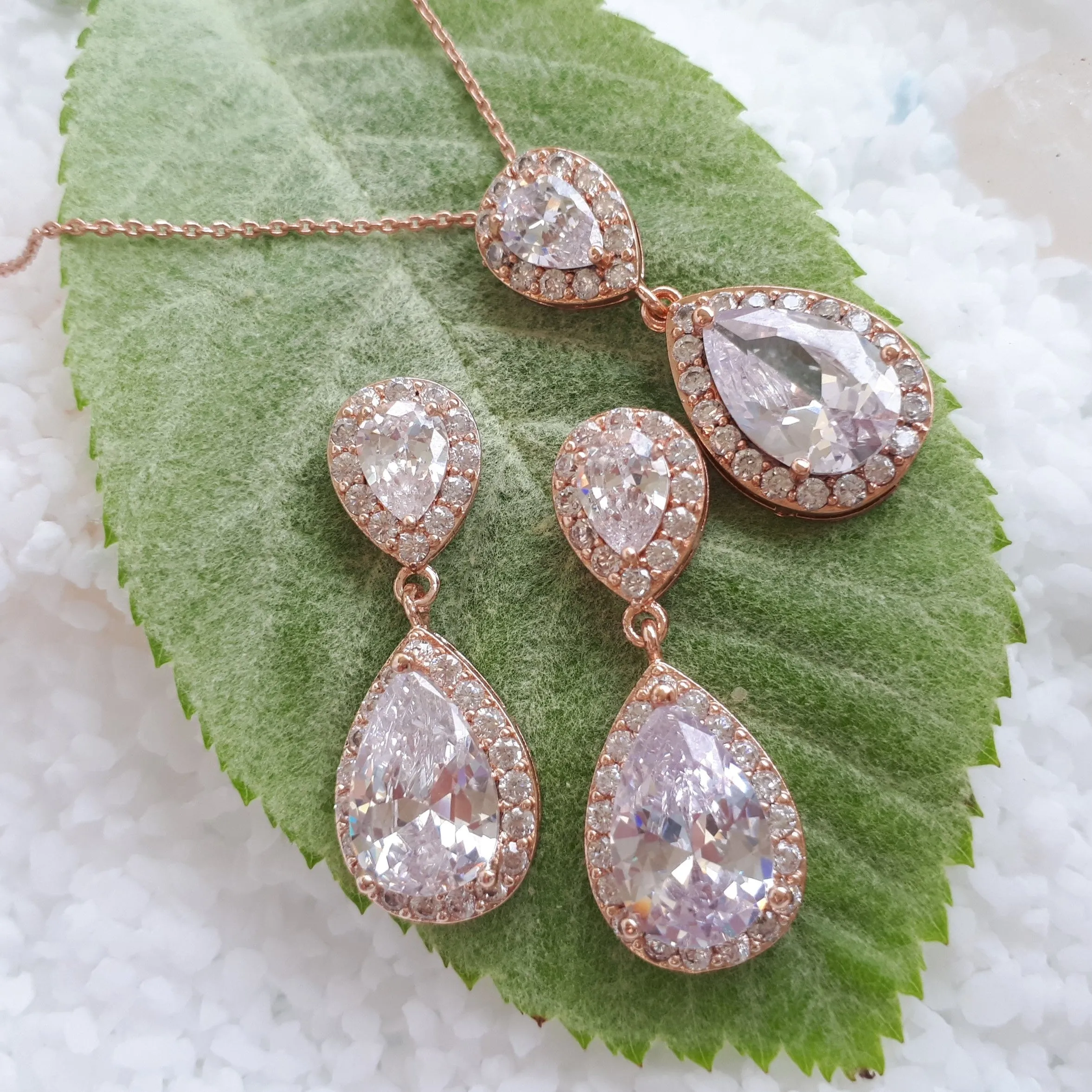 Jodie Jewellery Set, Rose Gold Teardrop Crystal Earrings with Pendant Necklace