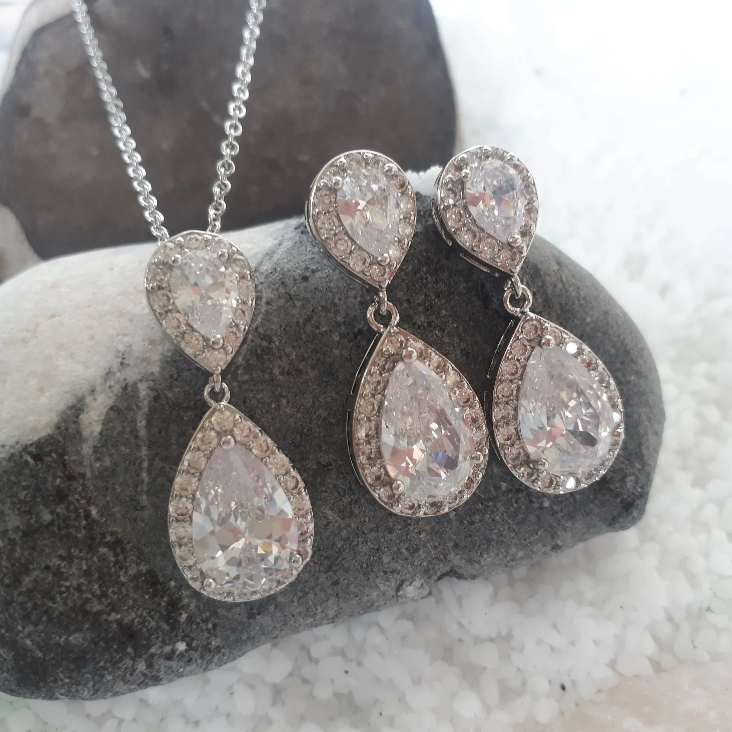 Jodie Jewellery Set, Silver Teardrop Crystal Earrings with Pendant Necklace