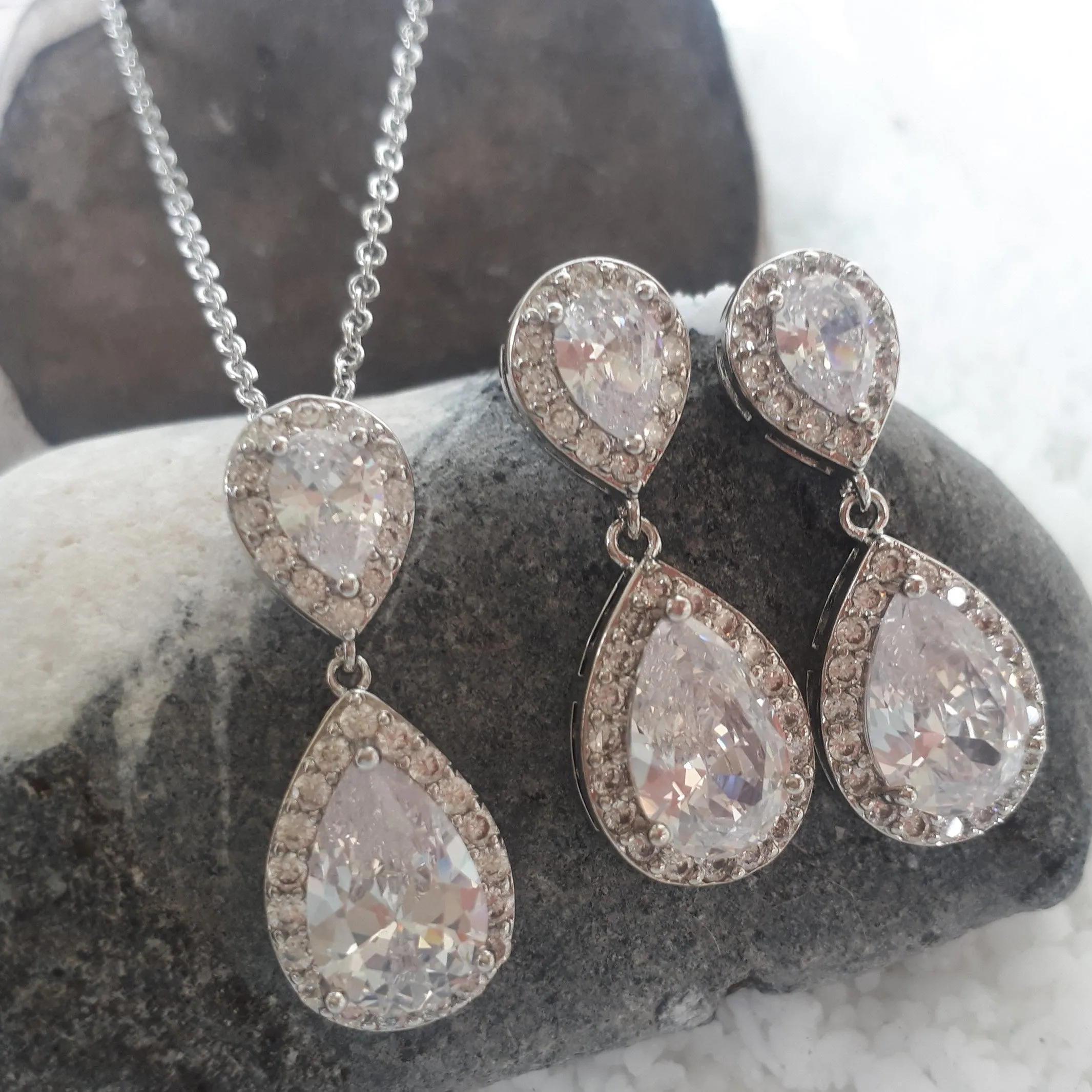 Jodie Jewellery Set, Silver Teardrop Crystal Earrings with Pendant Necklace