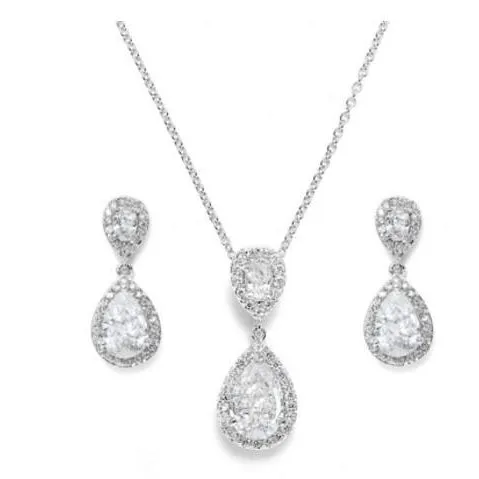 Jodie Jewellery Set, Silver Teardrop Crystal Earrings with Pendant Necklace