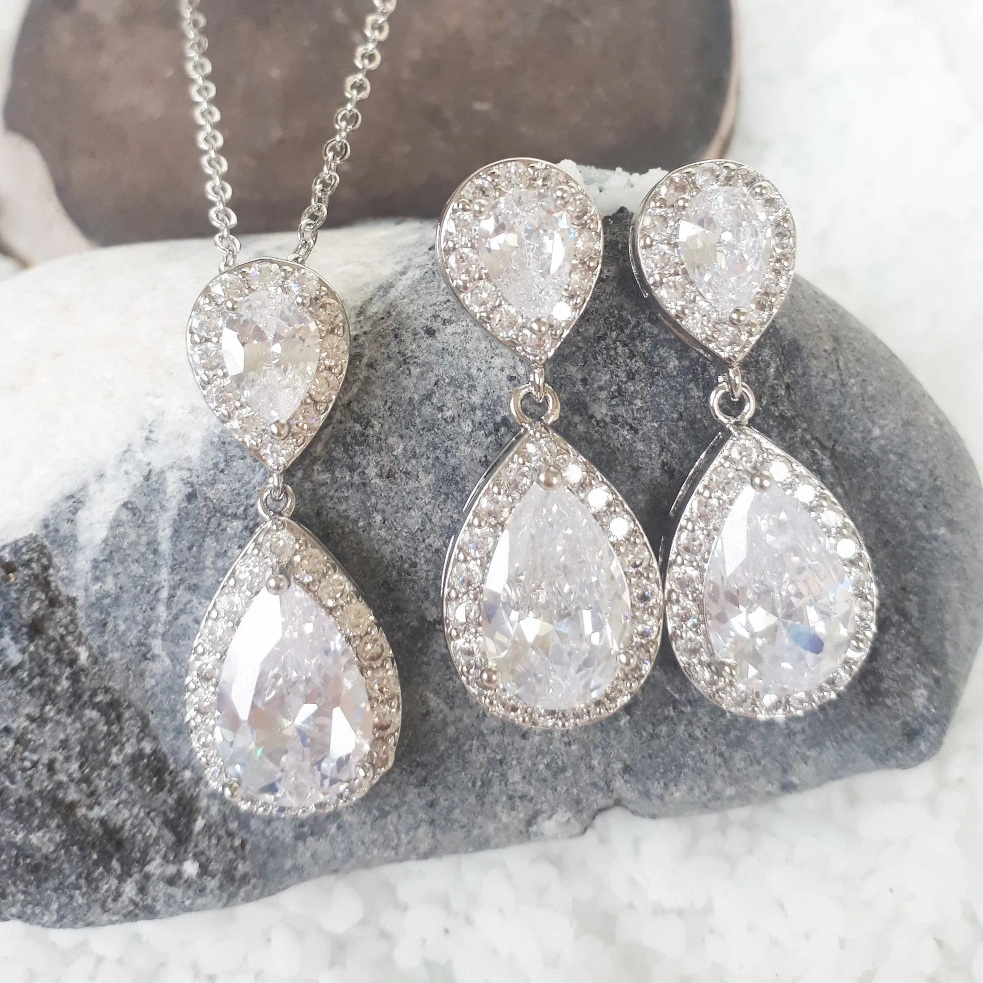 Jodie Jewellery Set, Silver Teardrop Crystal Earrings with Pendant Necklace