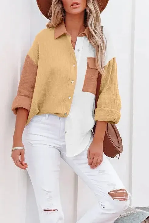Just Chilling Color Block Button Down Boyfriend Shirt
