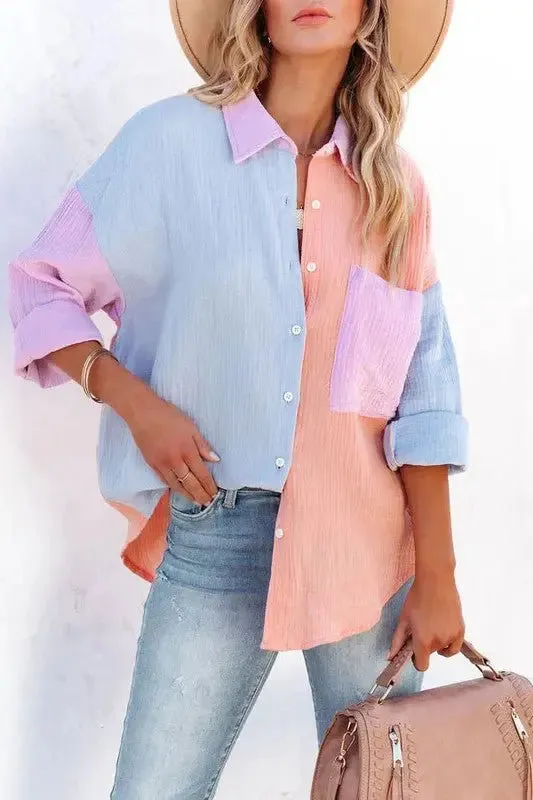 Just Chilling Color Block Button Down Boyfriend Shirt