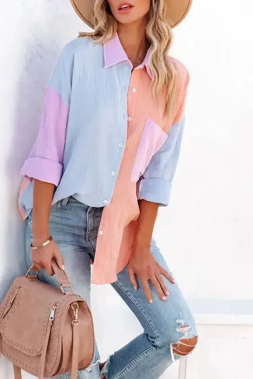 Just Chilling Color Block Button Down Boyfriend Shirt